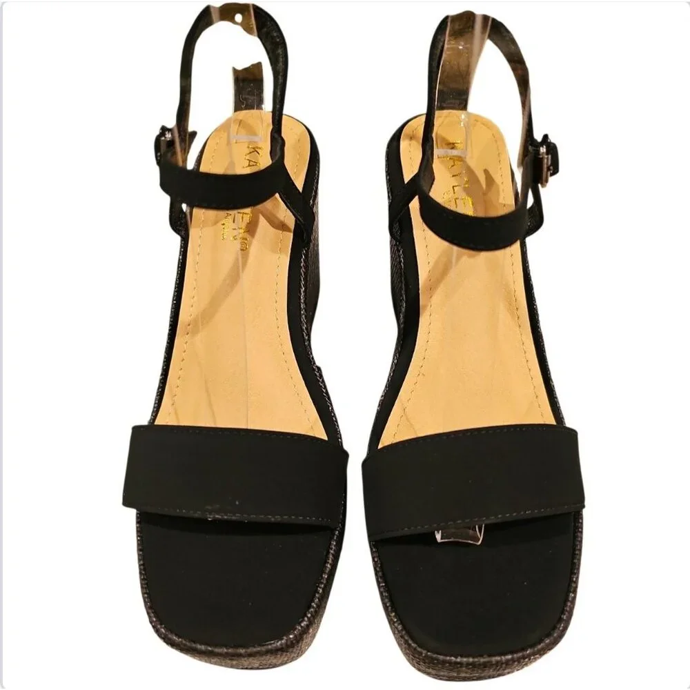 Black Wedge Sandals With Adjustable Straps & Metallic Detail - Womens Sole & Fab